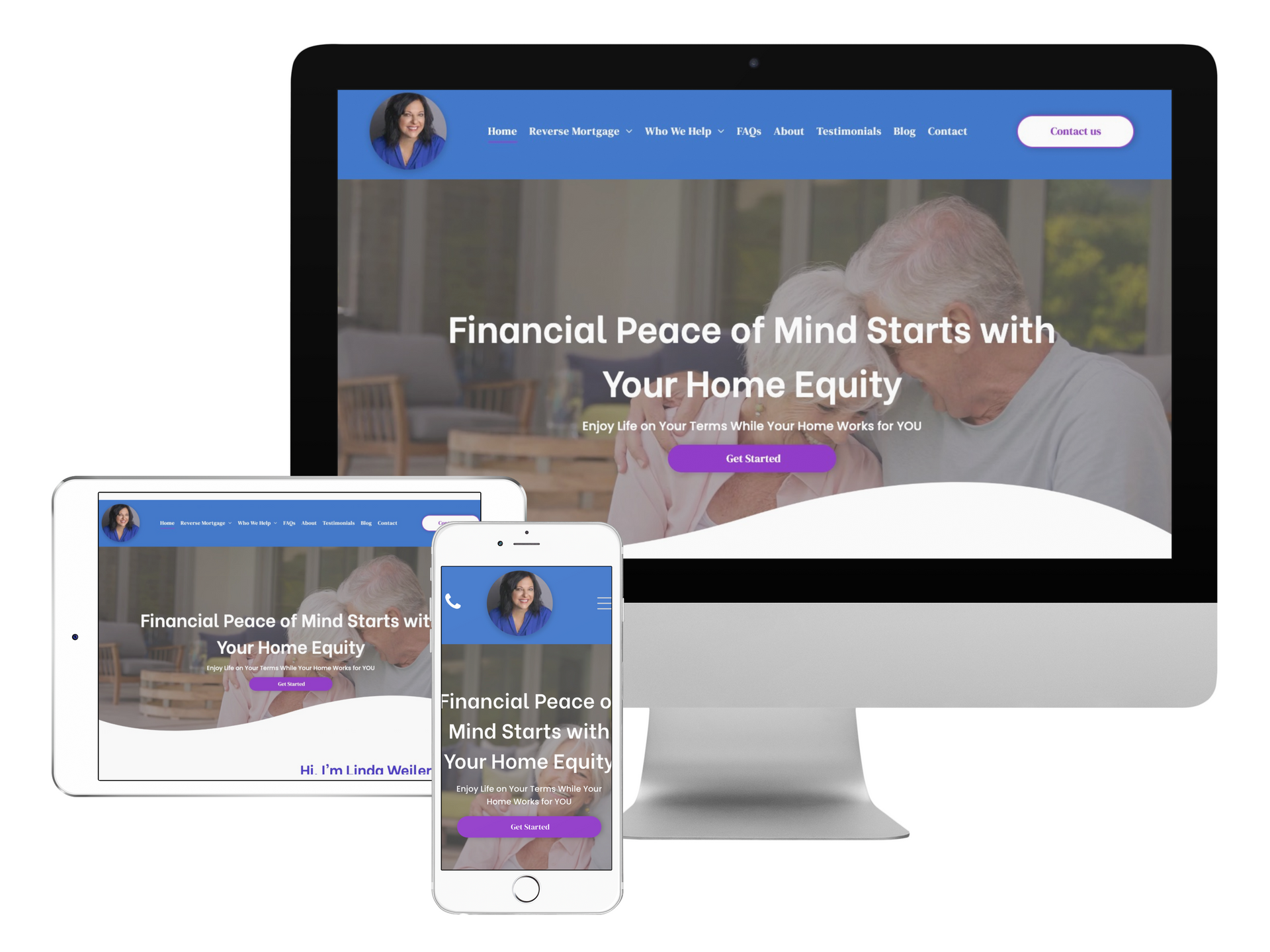 Responsive website mockup on desktop, tablet, and phone with a blue header and home equity message