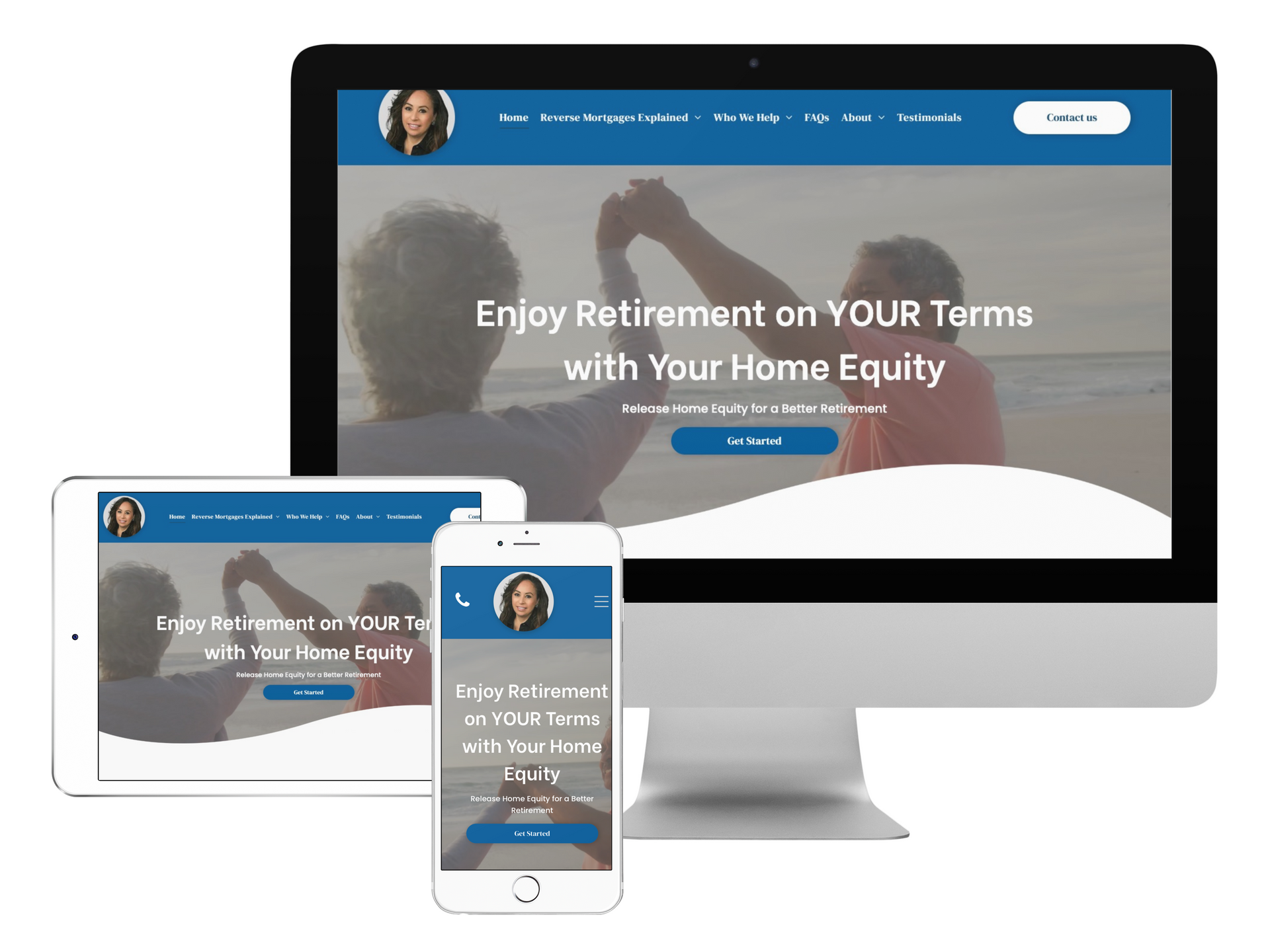 Responsive website mockup on desktop, tablet, and phone showing a retirement home equity hero banner