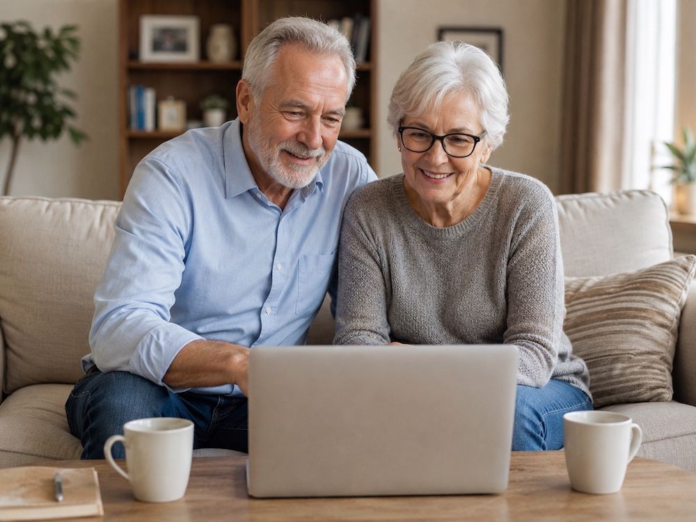 Smiling couple using a laptop on a couch with two white mugs nearby