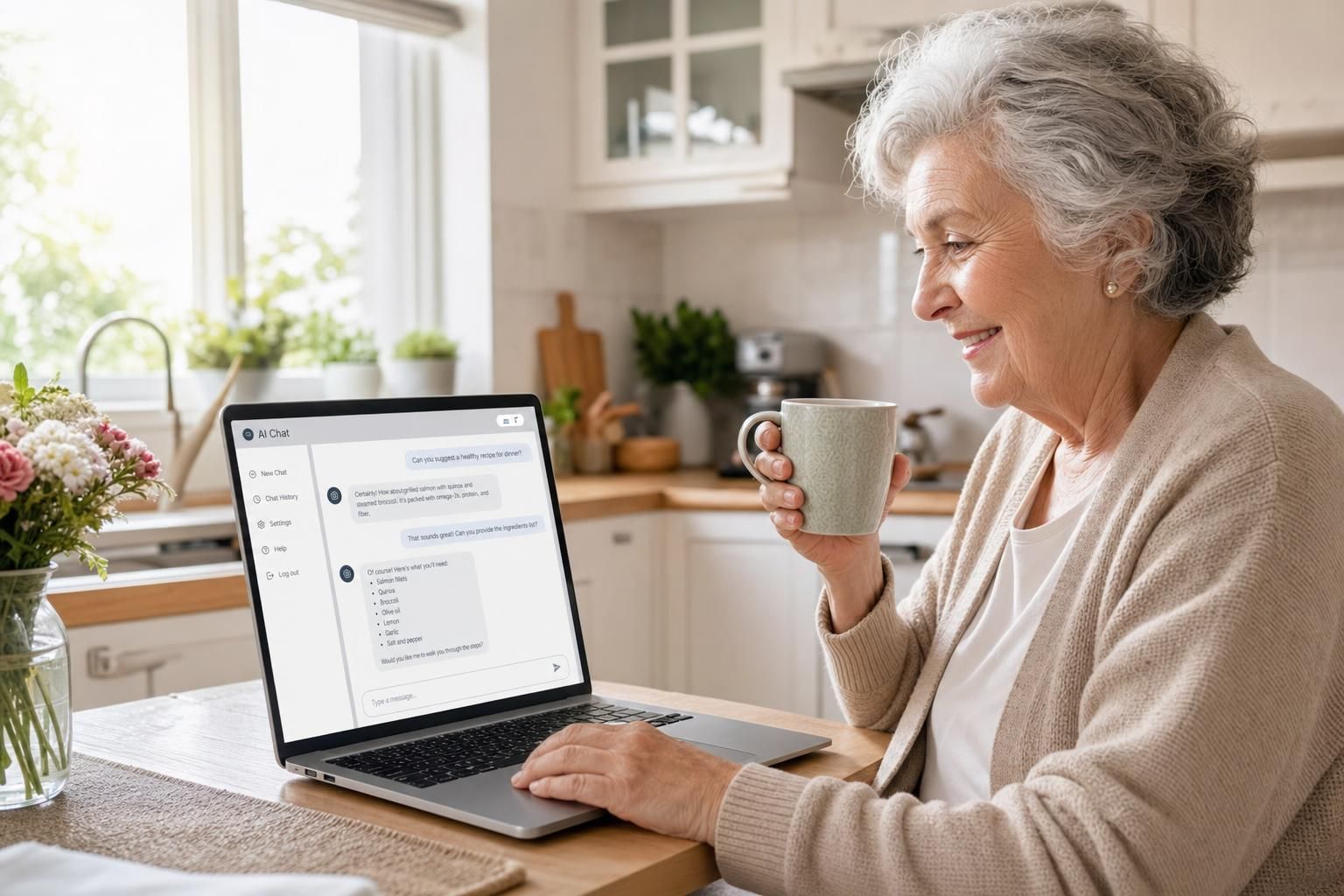Woman using a laptop and holding a mug in a bright kitchen with flowers on the counter