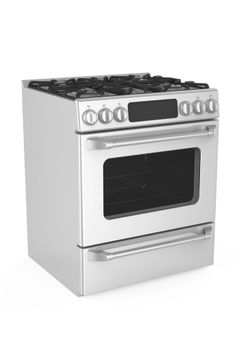 Stainless steel gas range with stovetop burners and oven.
