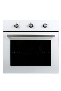 White built-in oven with black door and three knobs.