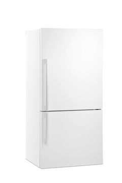 White refrigerator with a top door and a bottom drawer.