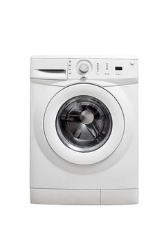 White front-loading washing machine, control panel on top.