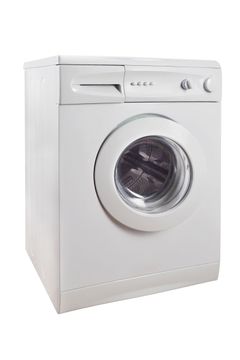 White front-loading washing machine, controls on top.