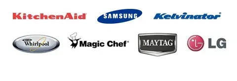 Brand logos of KitchenAid, Samsung, Kelvinator, Whirlpool, Magic Chef, Maytag, LG