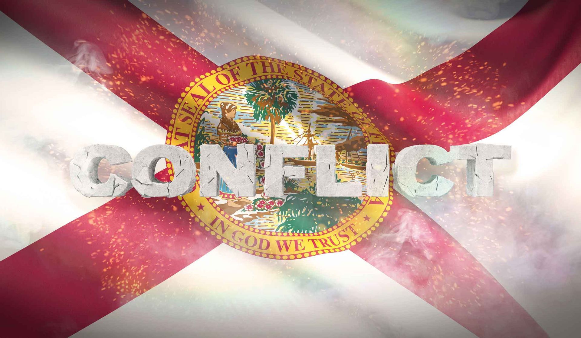 A Florida flag with the word conflict written on it A Florida flag with the word conflict written on it