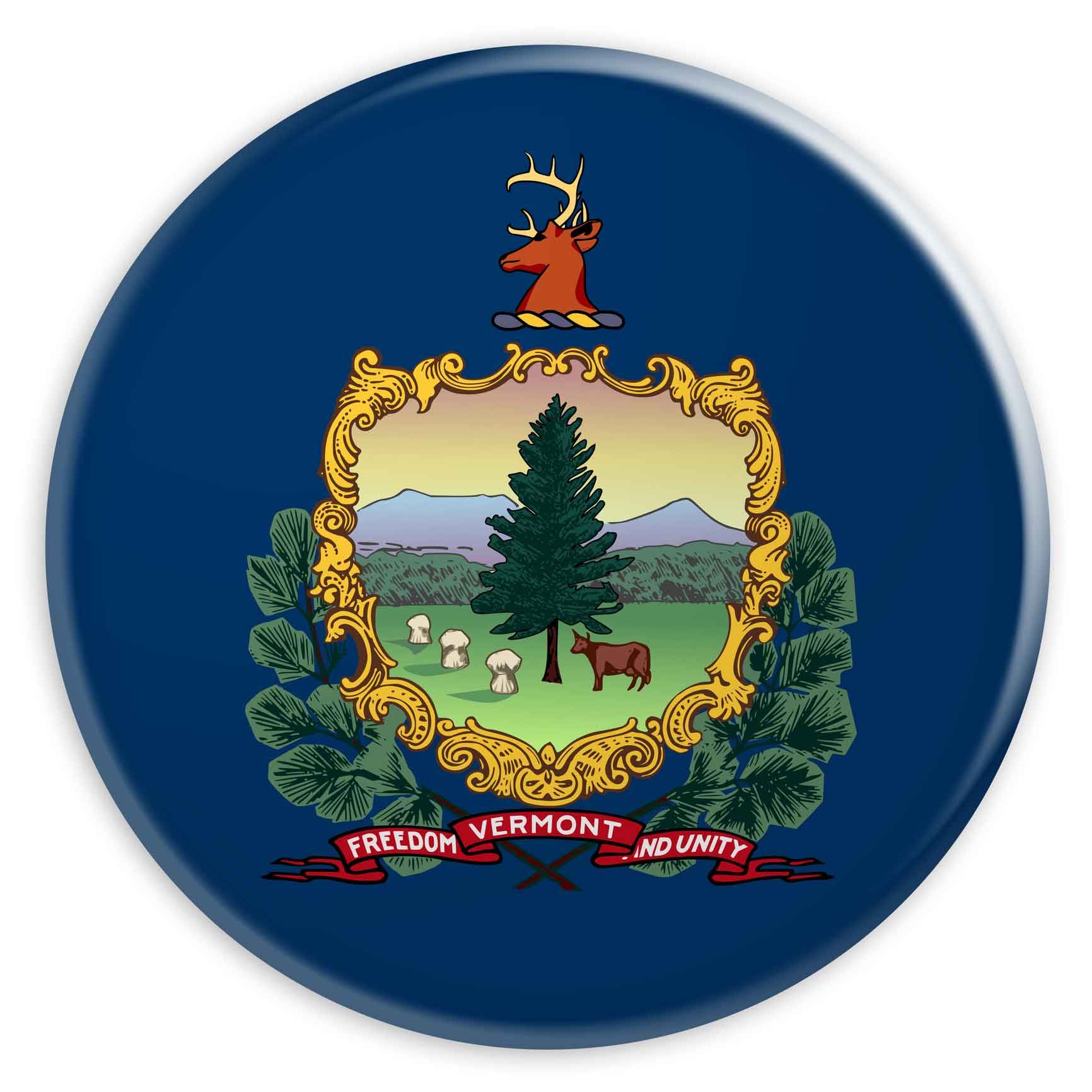 A button with the state flag of Vermont on it A button with the state flag of Vermont on it