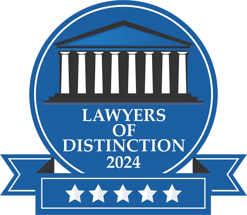 A blue badge that says lawyers of distinction 2024.
