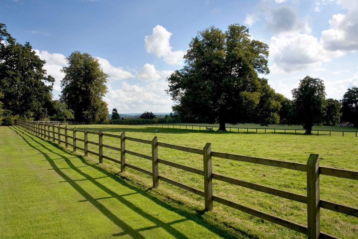 A wooden fence surrounds a grassy field with trees in the background