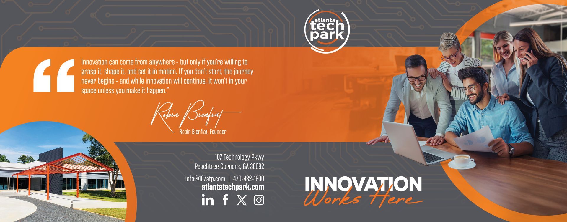 Orange “Innovation Week” banner with students collaborating at a table and a campus building inset