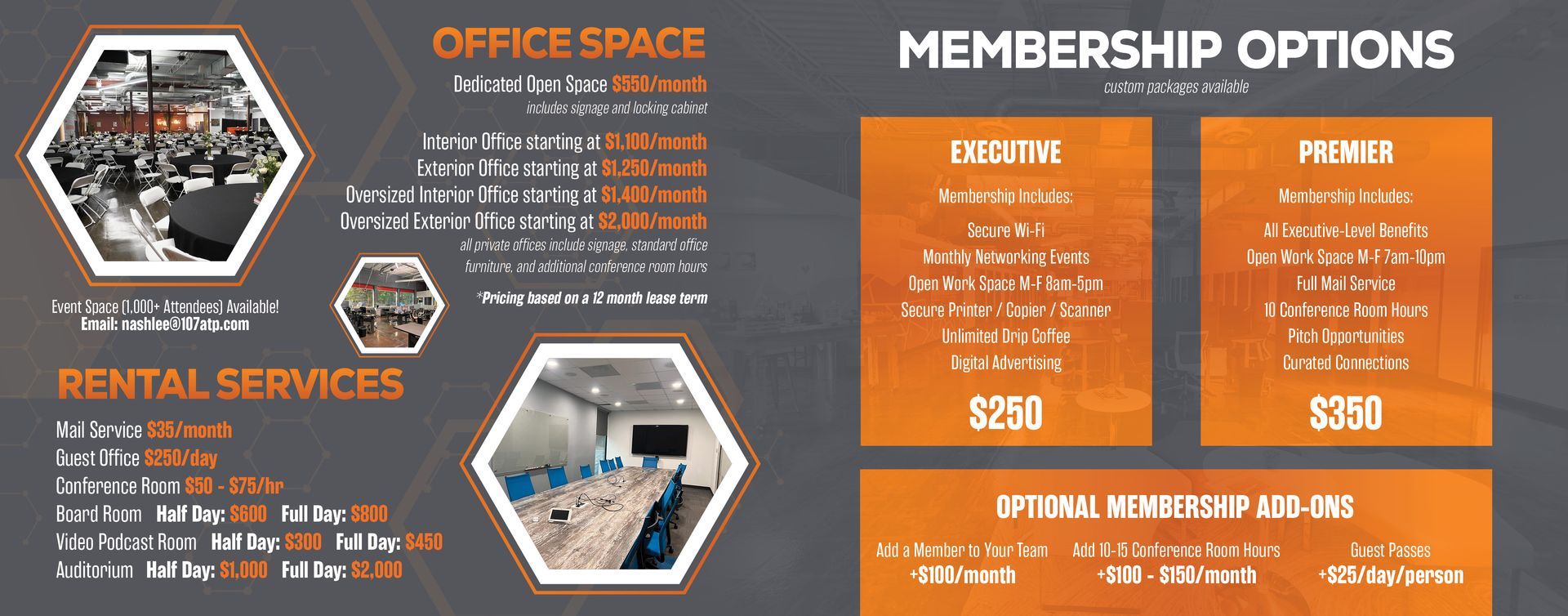 Dark gray flyer with orange membership options, office space and rental services details, plus photos of workspace.
