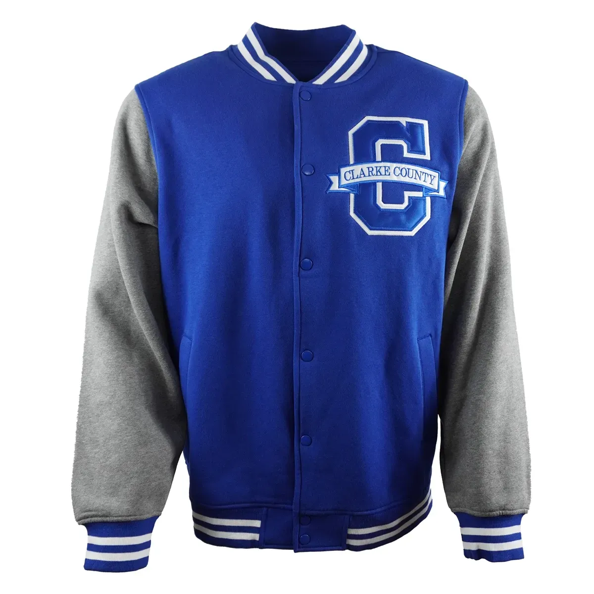 Blue and gray varsity jacket with striped collar, cuffs, and a large letter patch on the chest