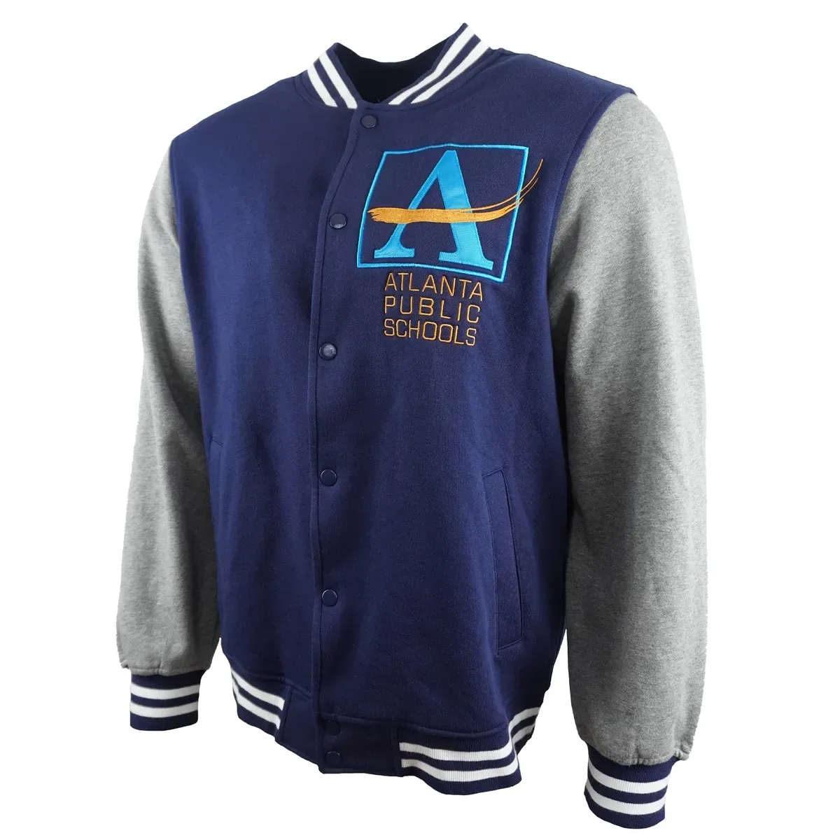 Blue and gray varsity jacket with striped cuffs and a chest graphic logo