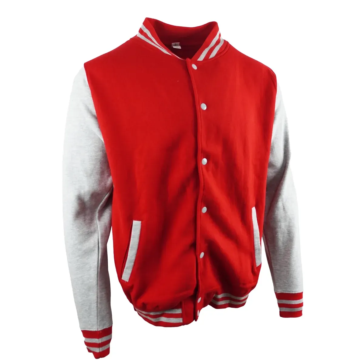 Red and gray varsity jacket with striped cuffs and collar, shown on a white background