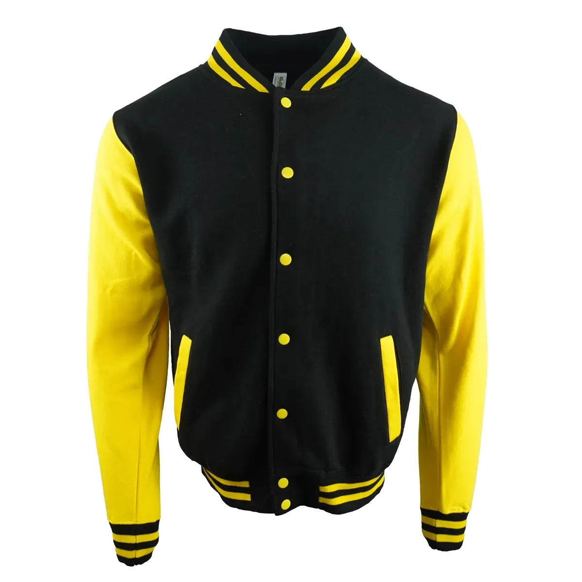 Black and yellow varsity jacket with striped collar, cuffs, and hem