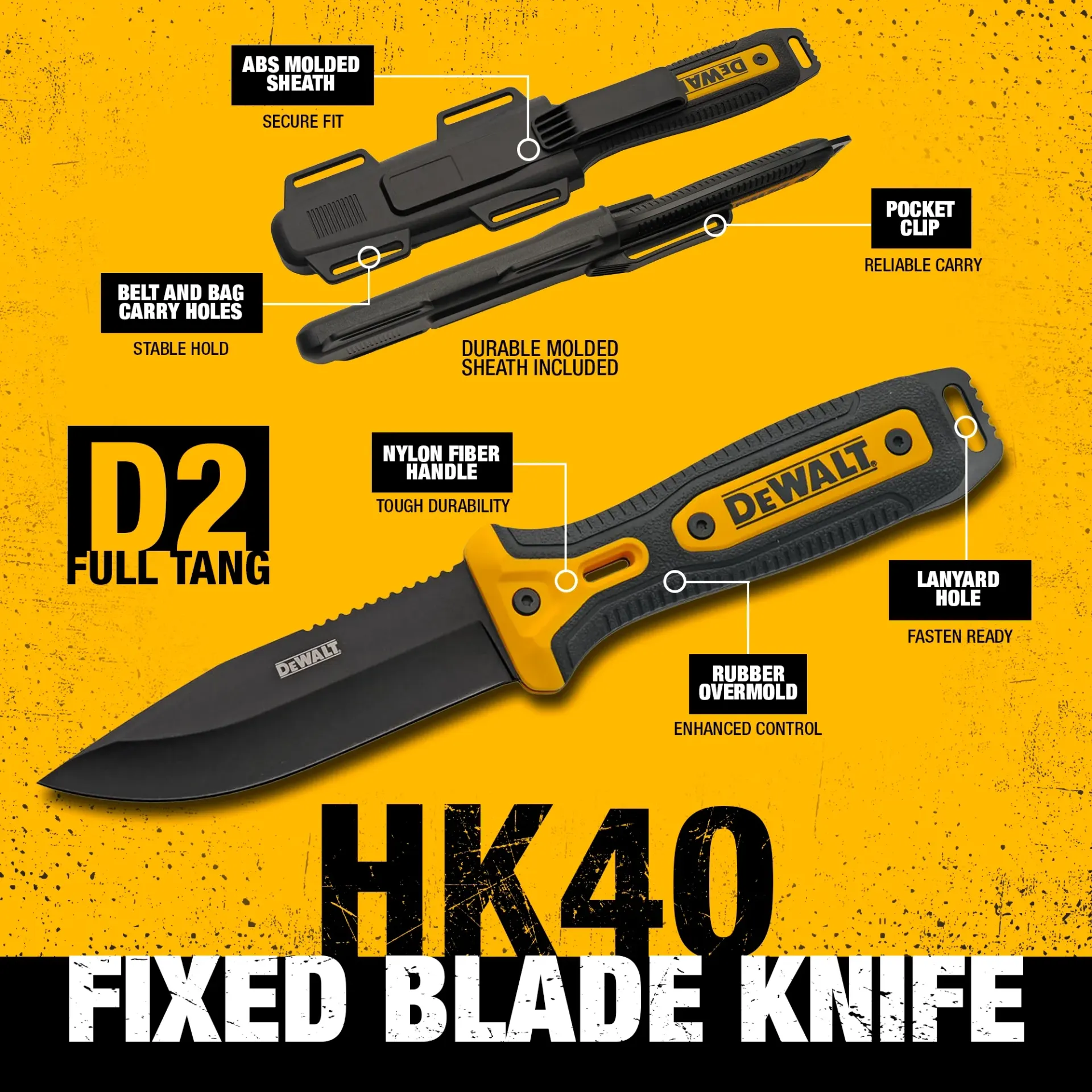 Black-and-yellow D2 full tang HK40 fixed blade knife with sheath and feature labels on yellow background