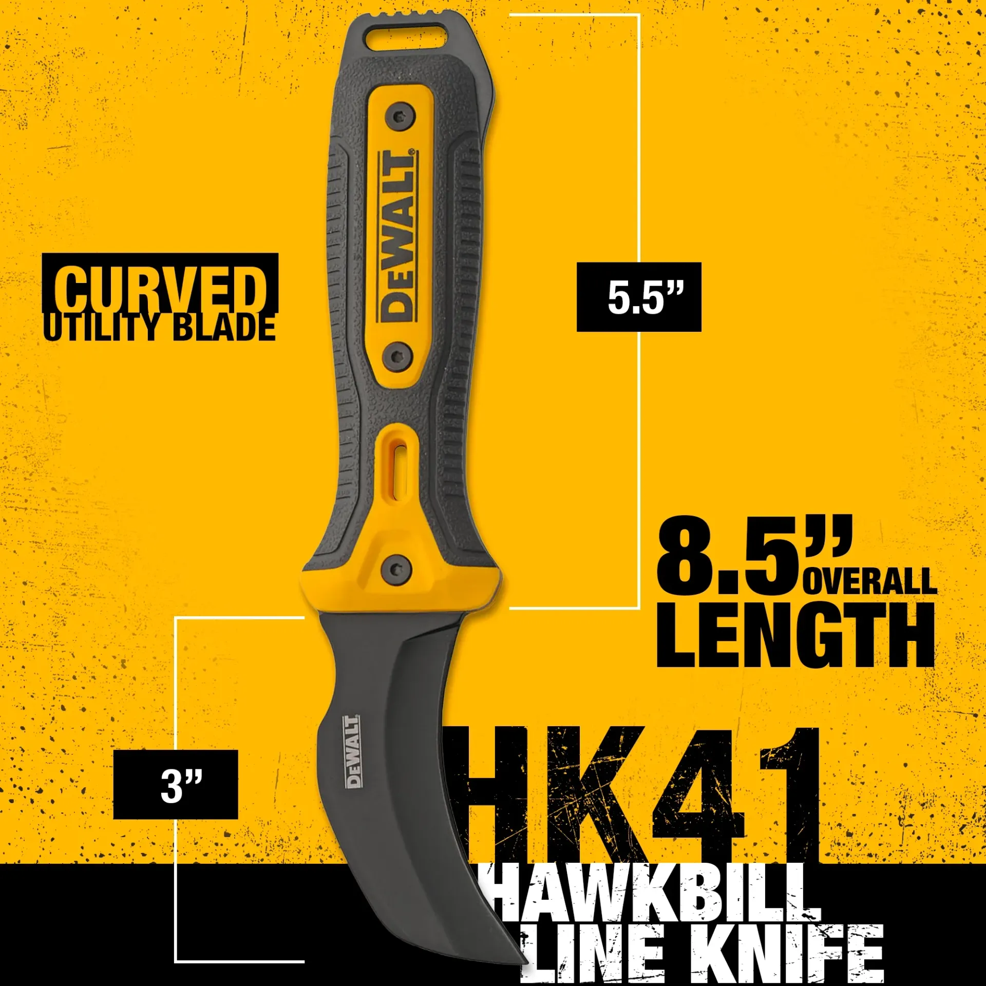 Yellow-and-black DeWalt HK41 hawkbill utility knife with curved blade, 8.5