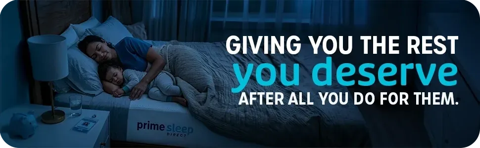 Sleepy person in blue bedroom beside a Prime-branded mattress.