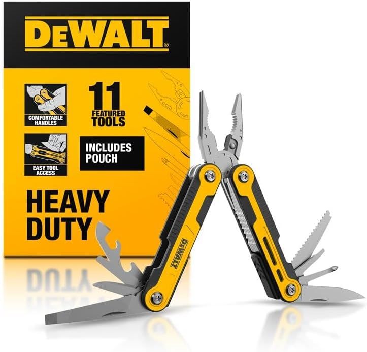 DeWalt 11-in-1 heavy-duty folding pliers tool kit on a yellow box with tools extended