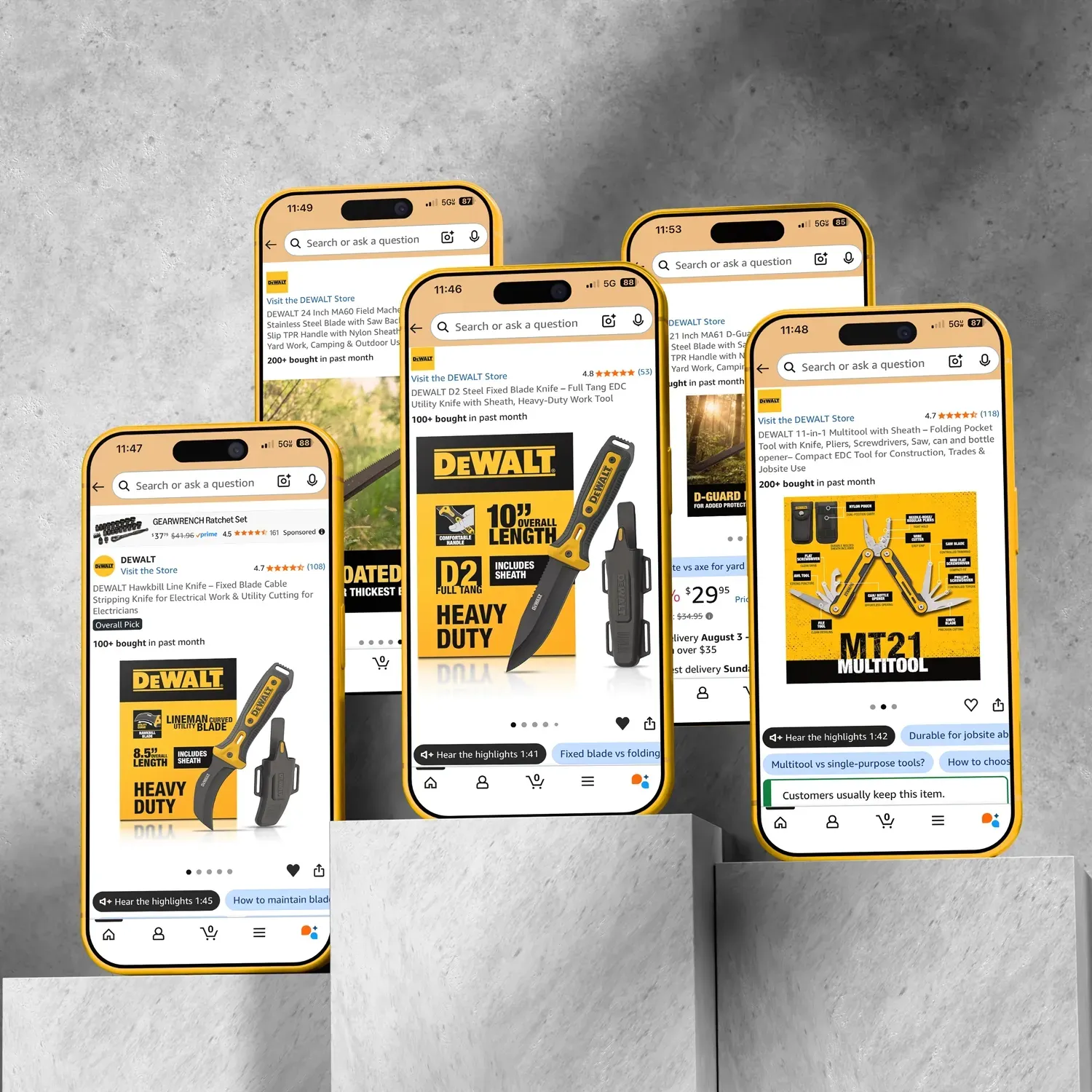Five gold phones displaying DeWalt product pages on a gray background