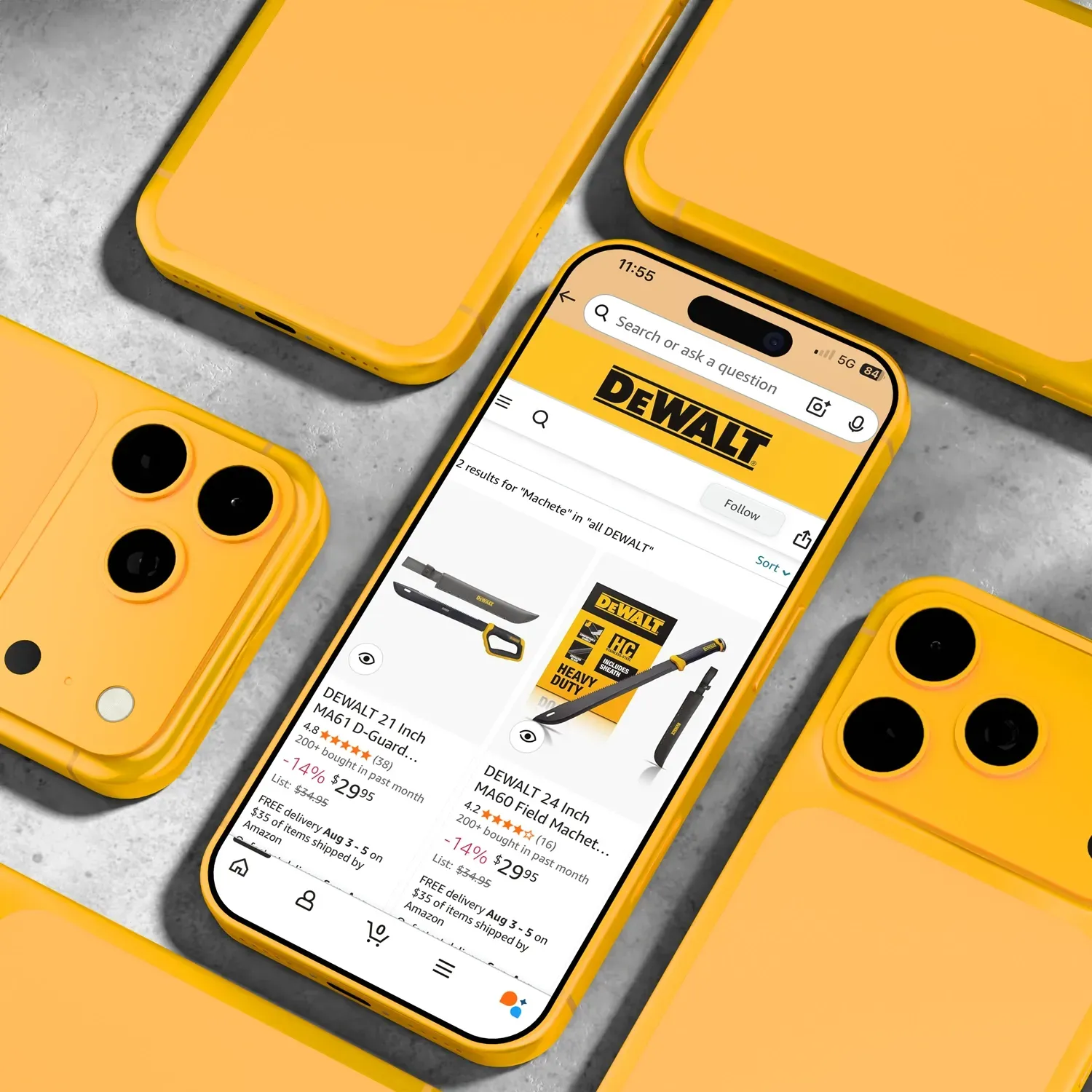 Yellow smartphones displaying a DEWALT shopping page on a gray background