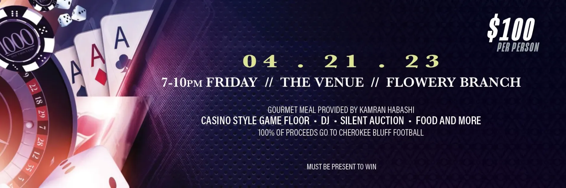Purple casino night flyer with playing cards, chips, roulette wheel, and “$100” prize text