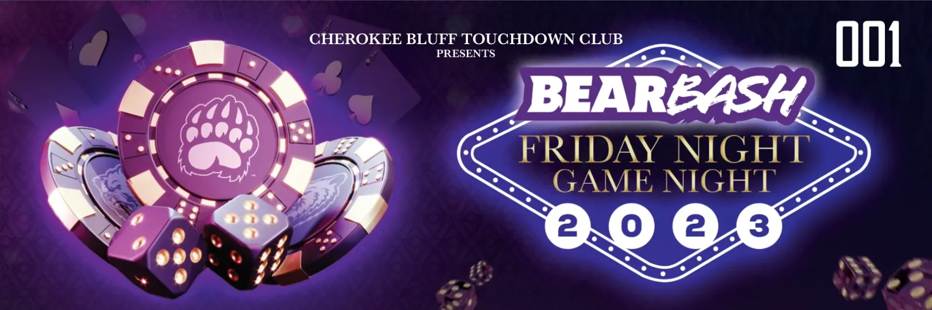 Purple bear-themed Friday night game night poster with glowing circle and decorative lights, “2023” text