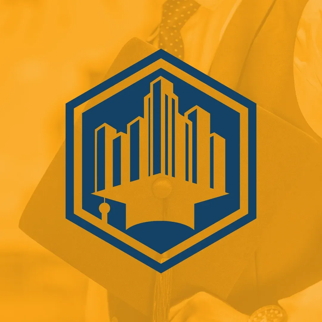 Blue hexagon logo with stylized orange city buildings on an orange background