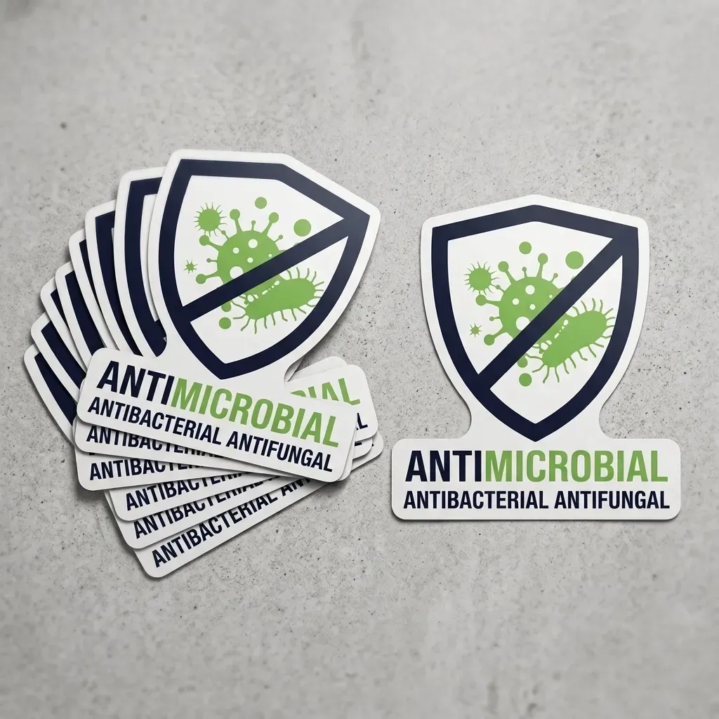 Antimicrobial shield stickers with green microbes and black text on white background