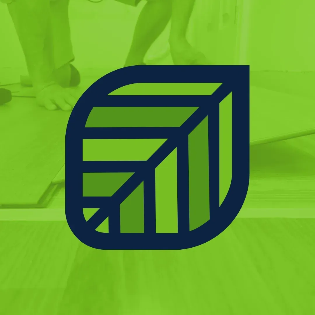 Blue cube logo with green striped leaf shape on a lime background