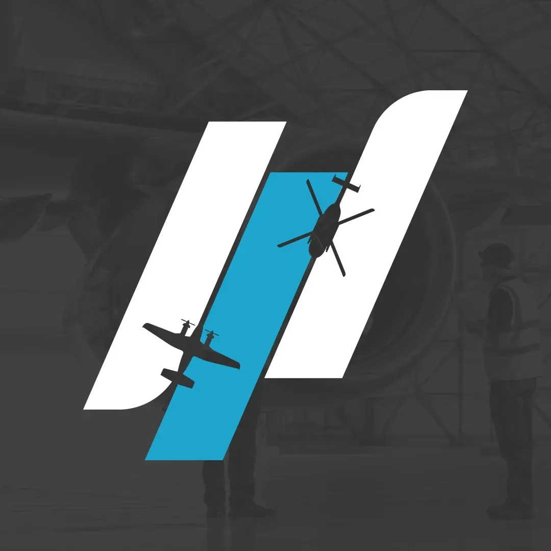 White and cyan logo with airplane and helicopter silhouettes on a dark aviation-themed background