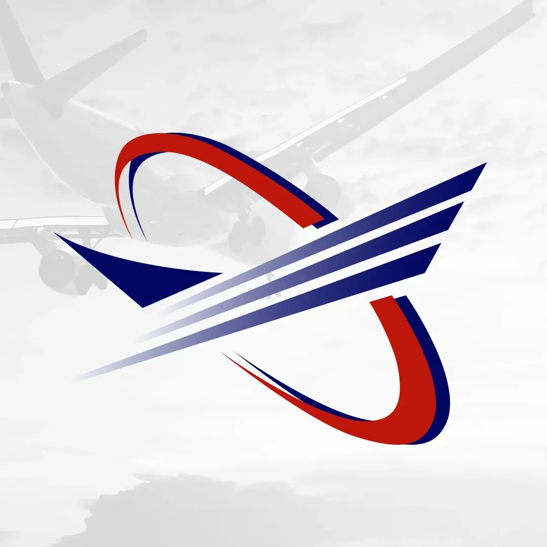 Abstract logo with red and blue swooshing rings and diagonal blue stripes on a light gray background
