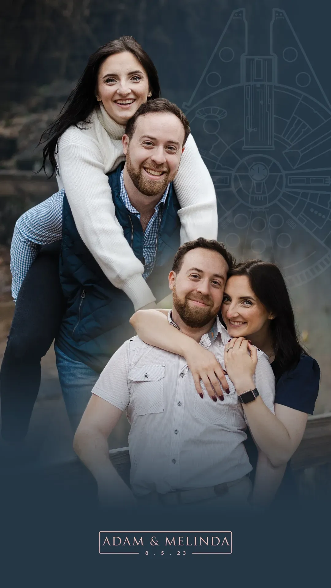 Four smiling adults posing against a dark background with a faint rocket outline and logo text below