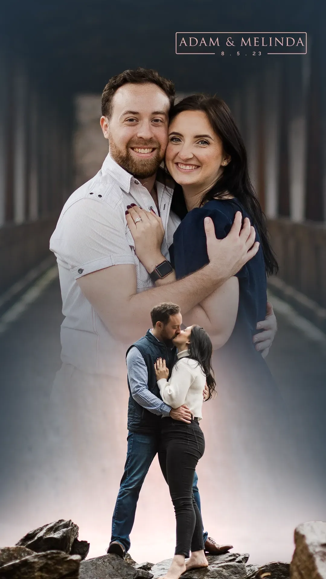 Couple posing together in a romantic composite portrait, with a smaller full-body embrace at the bottom.