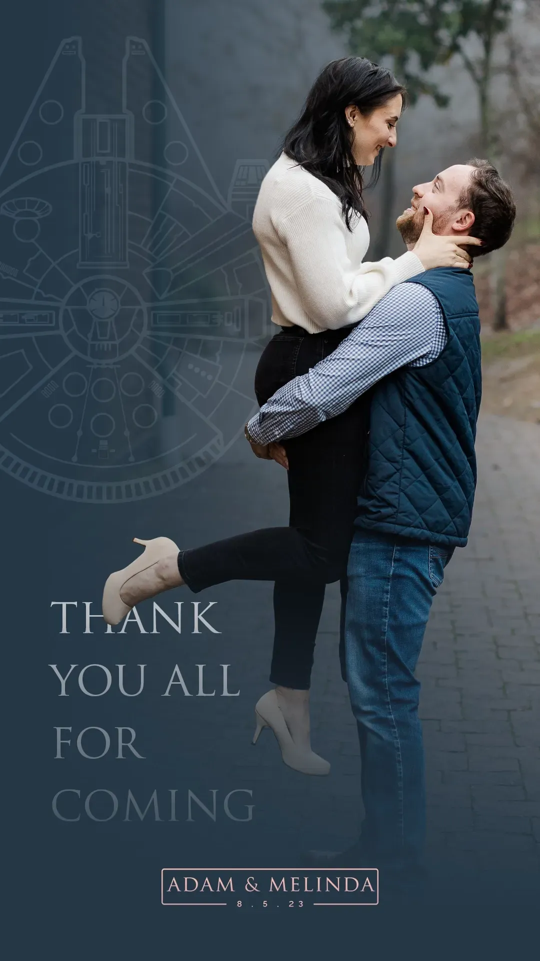 Couple embracing and smiling, with “Thank you all for coming” text on a dark background.