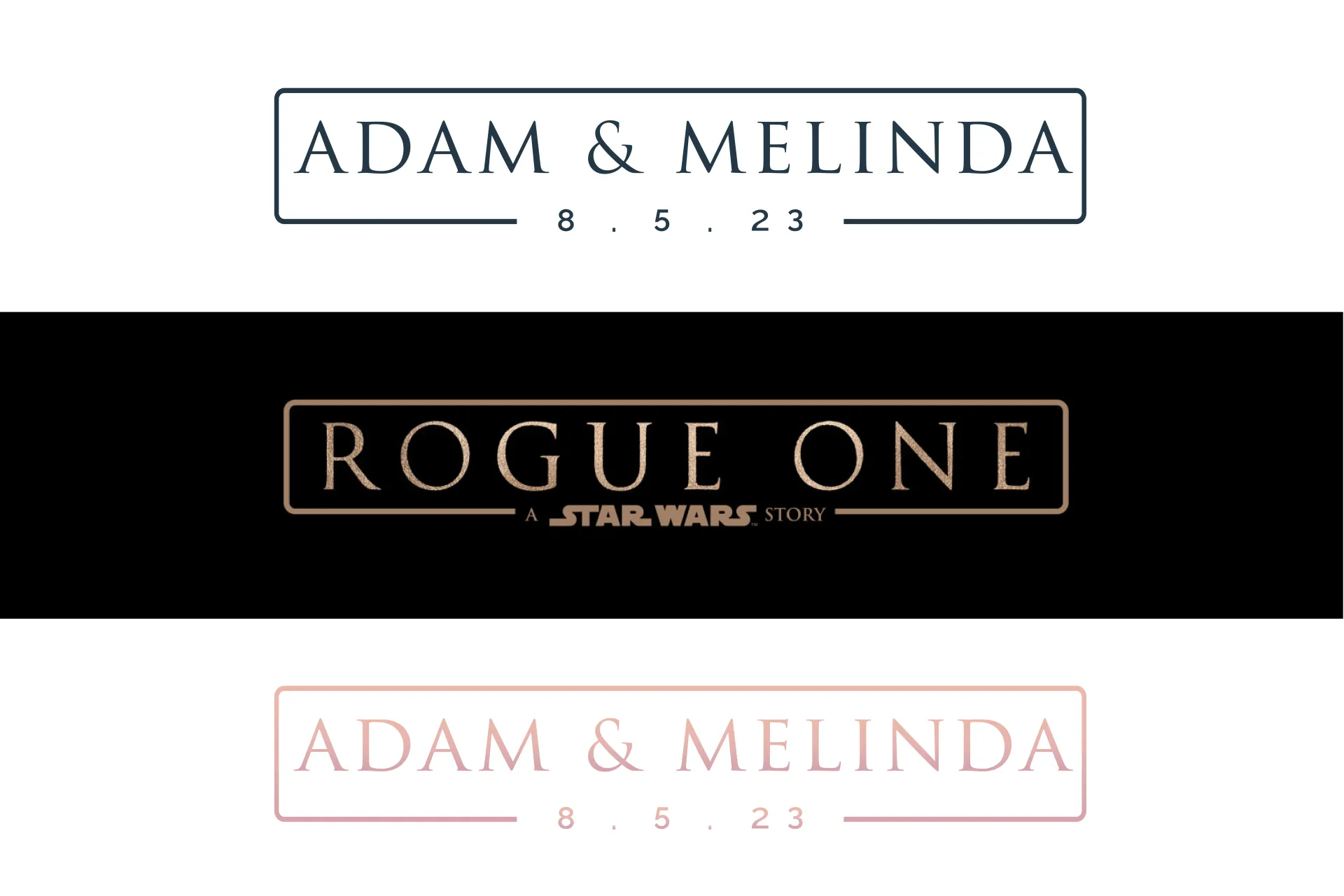 Three “Adam & Melinda” logo designs, including a black Rogue One Star Wars version.