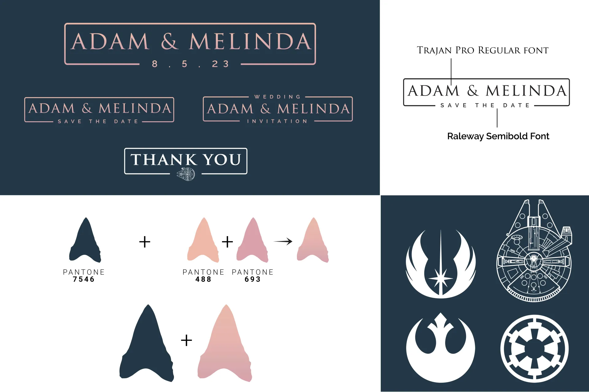 Dark navy wedding invitation and thank-you card mockups with pink floral monogram and crest logos, shown in a 2x2 grid