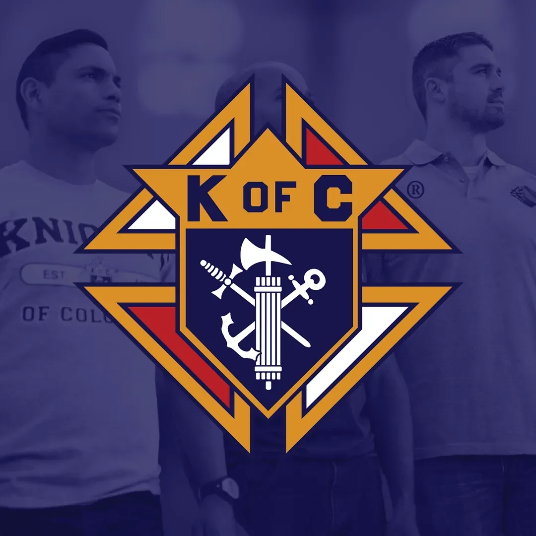 Knights of Columbus logo centered on a blue-tinted background with two men behind it
