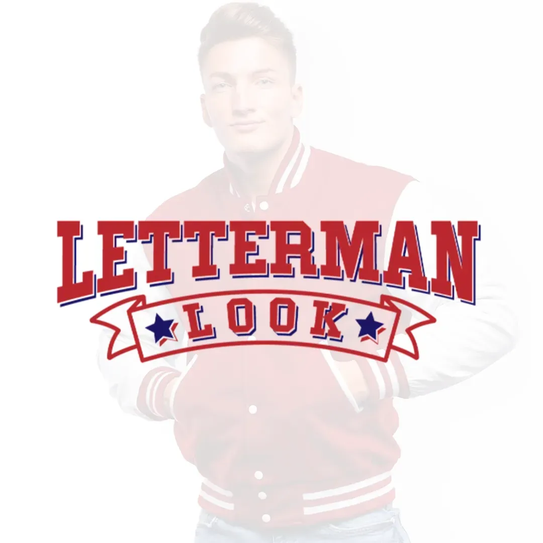 Red-and-white varsity jacket with the text “LETTERMAN LOOK” in front of a faded person background