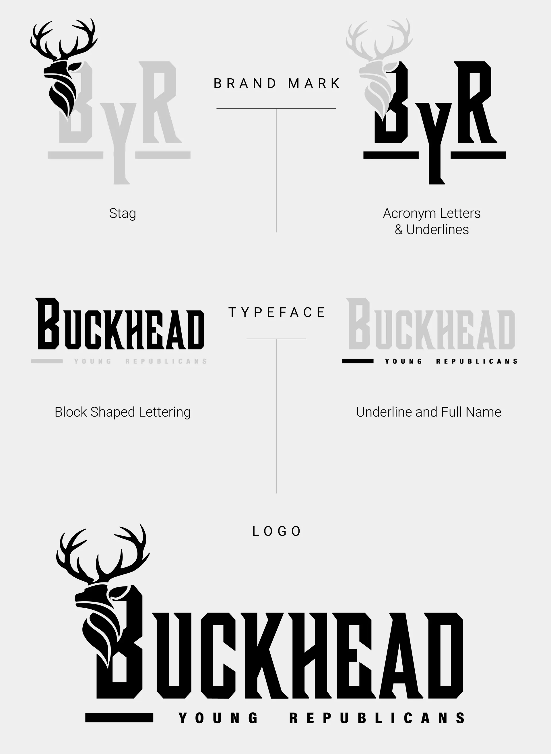 Logo variations reading “Buckhead” with a deer head icon in black and gray, arranged on a white background