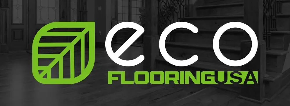 Eco Flooring USA logo with green leaf icon and white and green text on a dark background