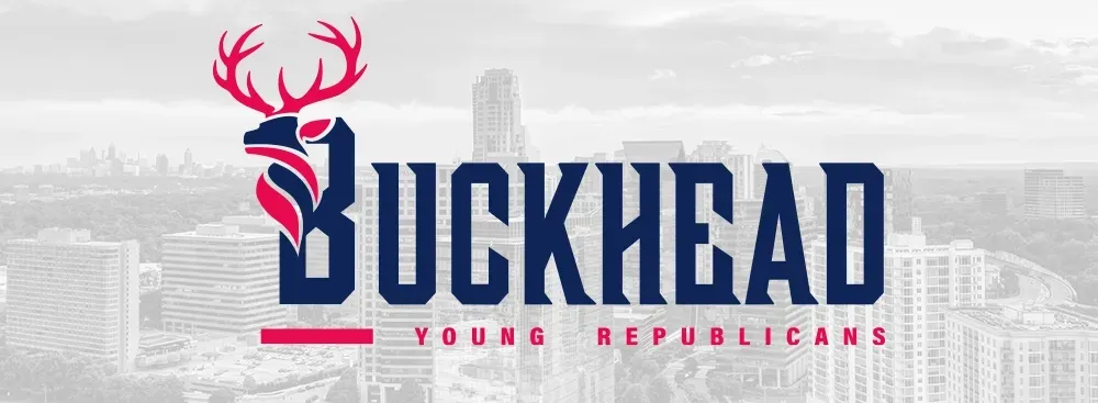 Buckhead Young Republicans logo with a pink deer antler and navy text on a light gray city skyline background
