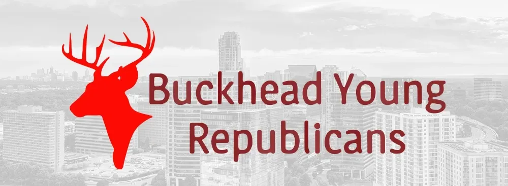 Red deer silhouette logo with text “Buckhead Young Republicans” over a faint city skyline background