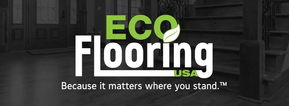 Eco Flooring logo on a dark wood floor background with green and white text