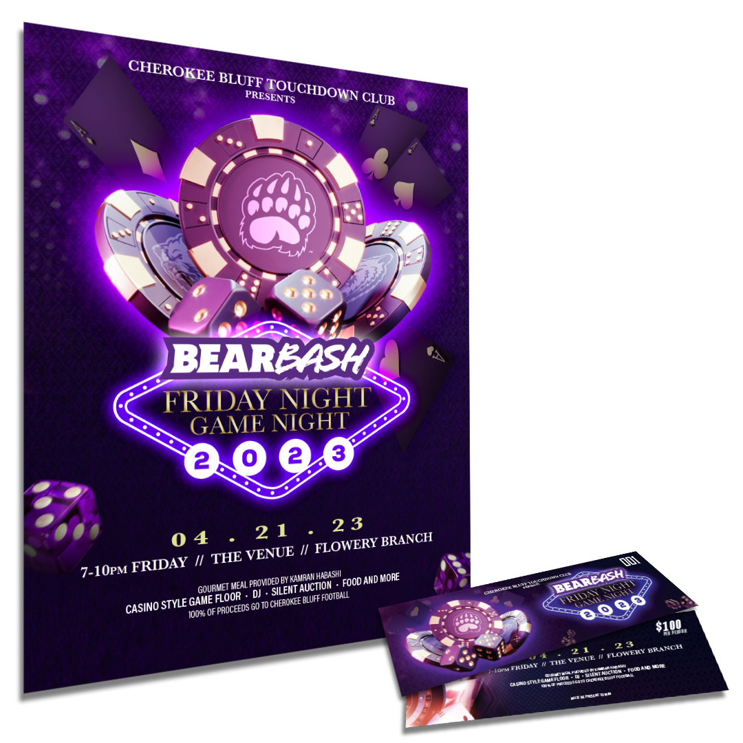 Purple Bear Bash Friday Night Game Night 2020 poster with neon dice and a ticket stub