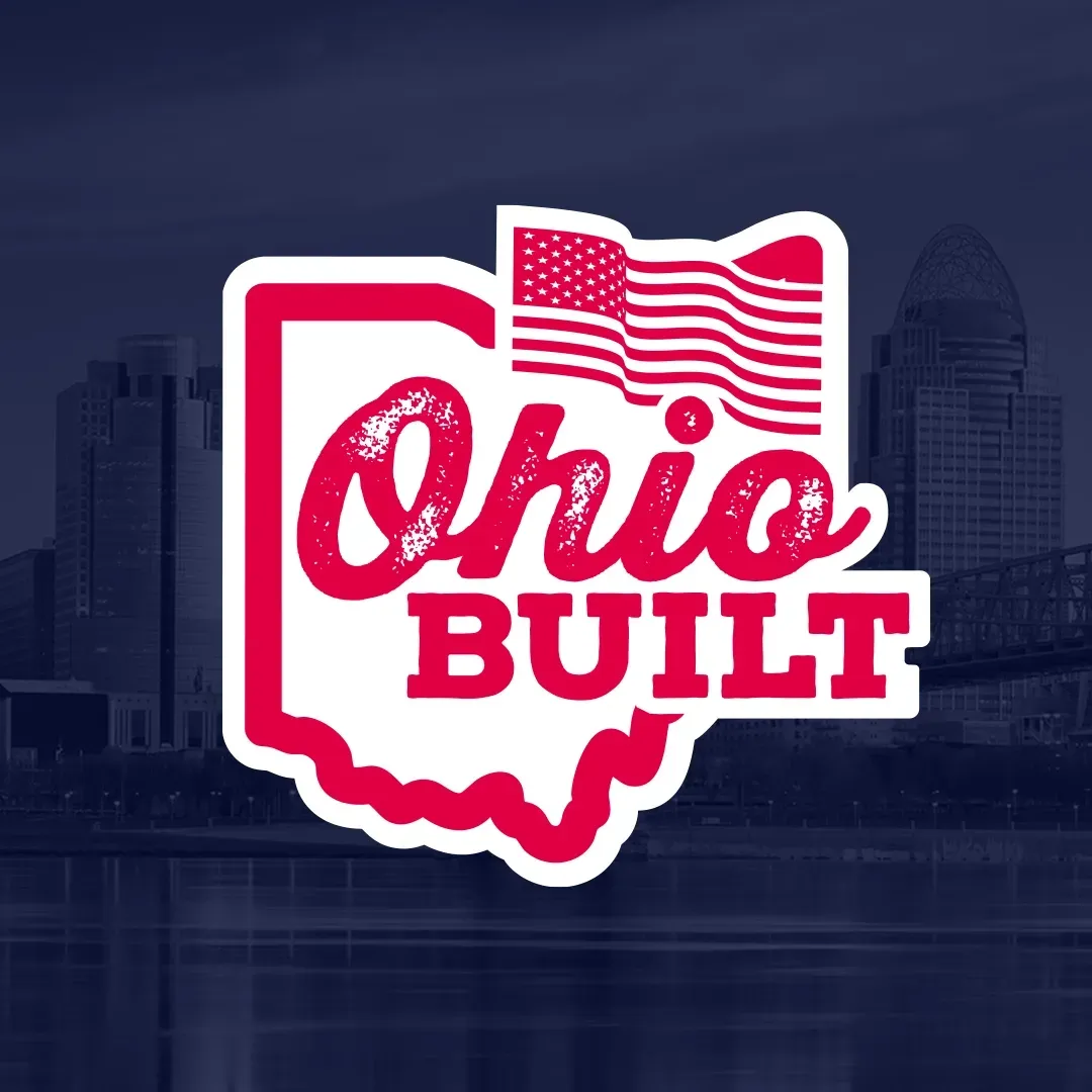 Ohio Built logo in red and white over an Ohio outline with a small American flag on a dark city skyline background