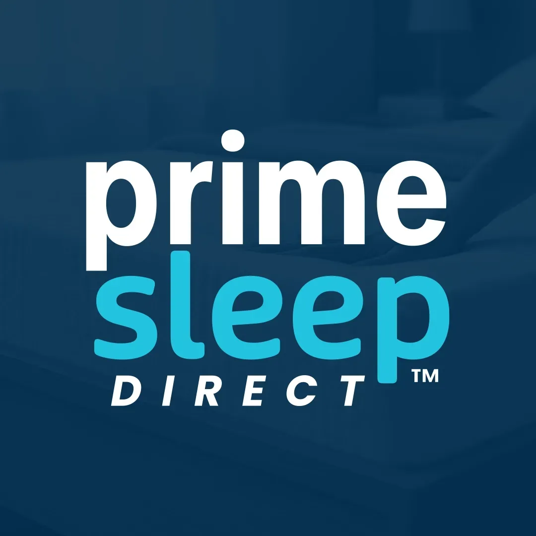 Prime Sleep Direct logo in white and blue on a dark blue background