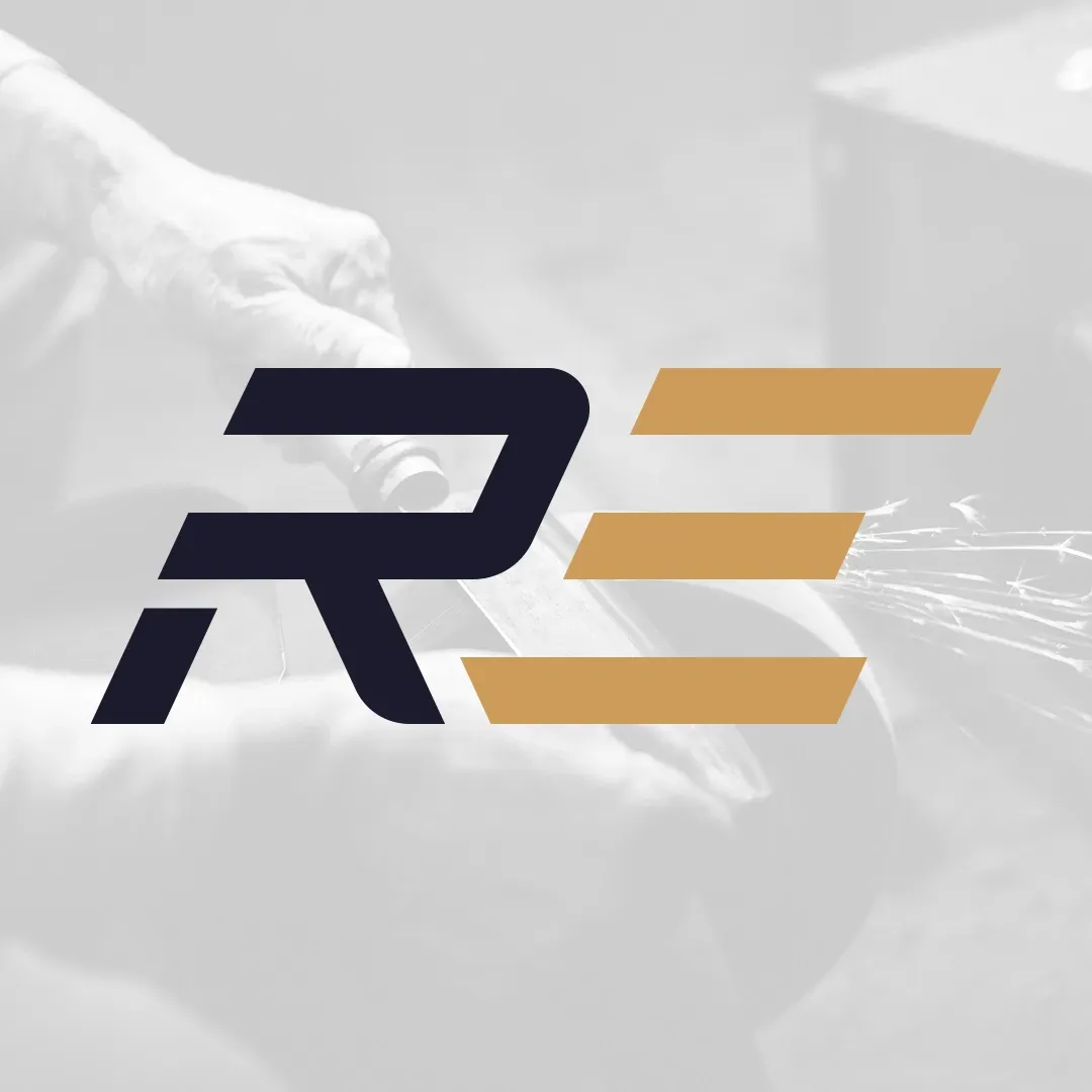 Stylized navy and gold “RE” logo over a faded monochrome background of hands working