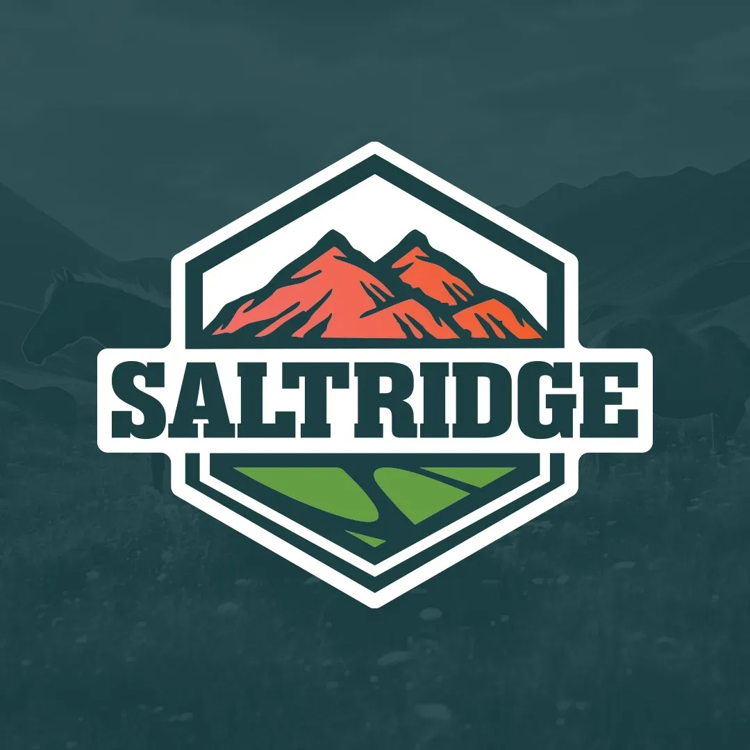 Saltridge logo in a hexagon badge with red mountains, green hills, and white text on a dark teal background